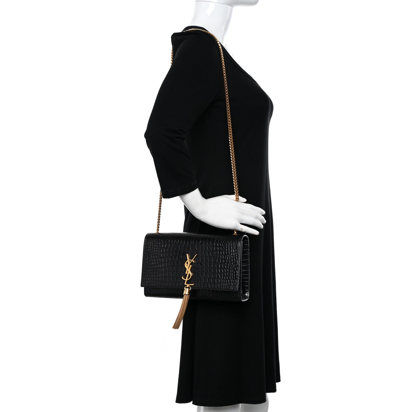 Calfskin Crocodile Embossed Medium Classic Monogram Kate Tassel Satchel Black