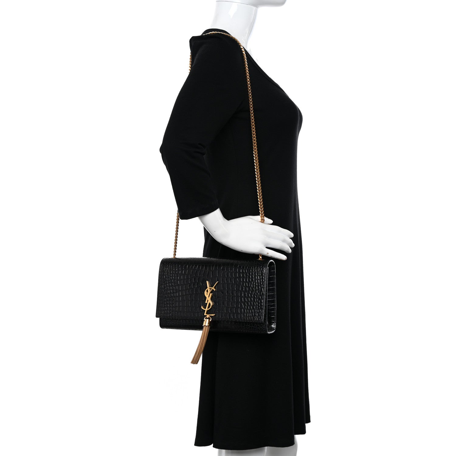 Saint Laurent Calfskin Crocodile Embossed Medium Classic Monogram Kate Tassel Satchel Black 2 of 13