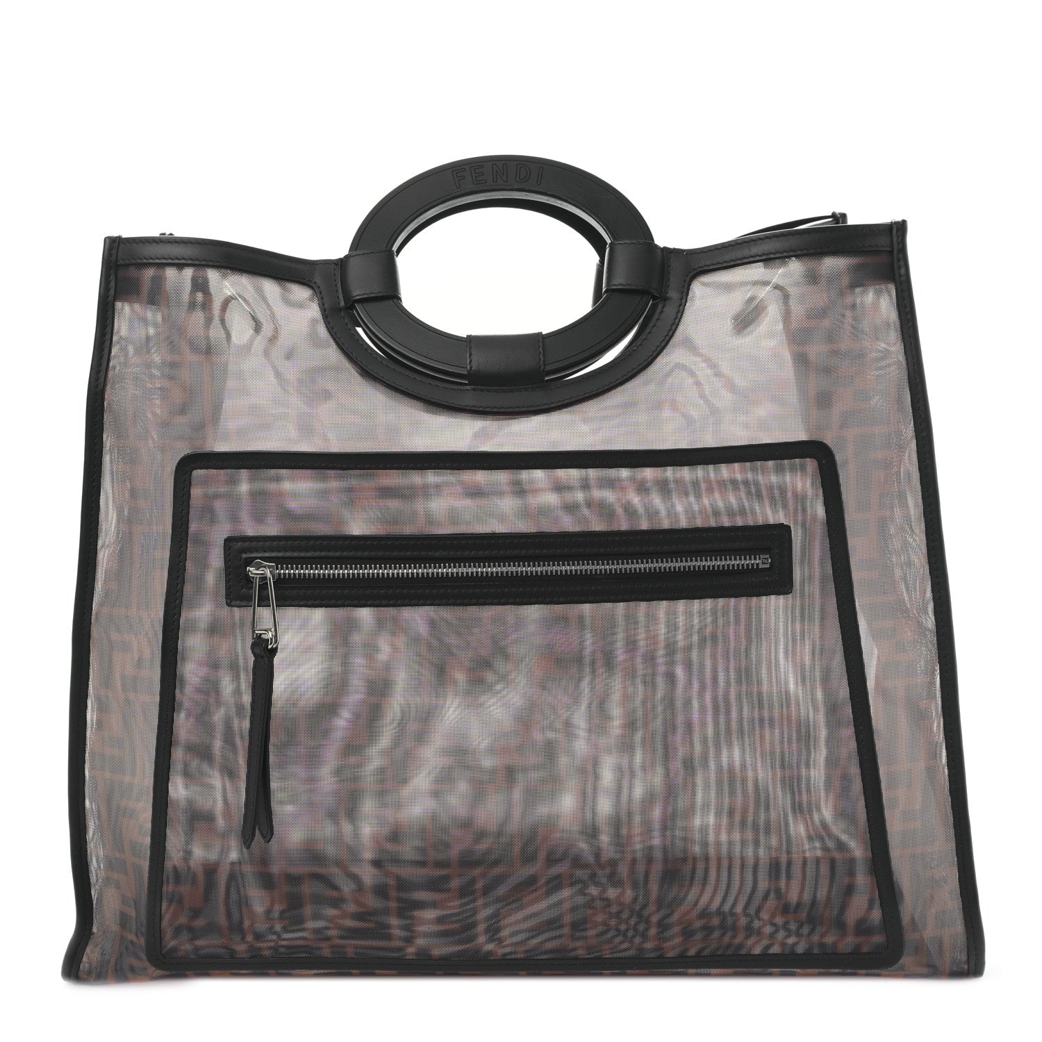 Fendi Mesh Vitello Century Cuoio FF 1974 Medium Runaway Shopper Tote Marrone Black Ebano 1 of 10