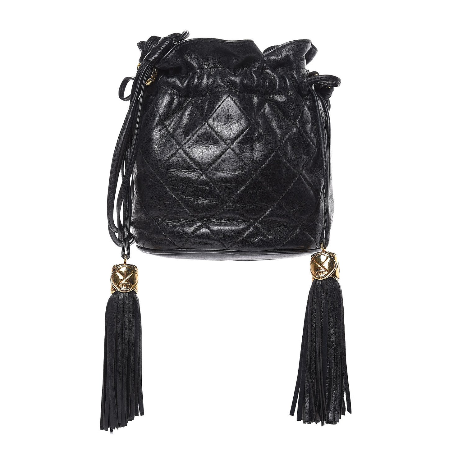 Lambskin Tassel Drawstring Pouch Bag Black