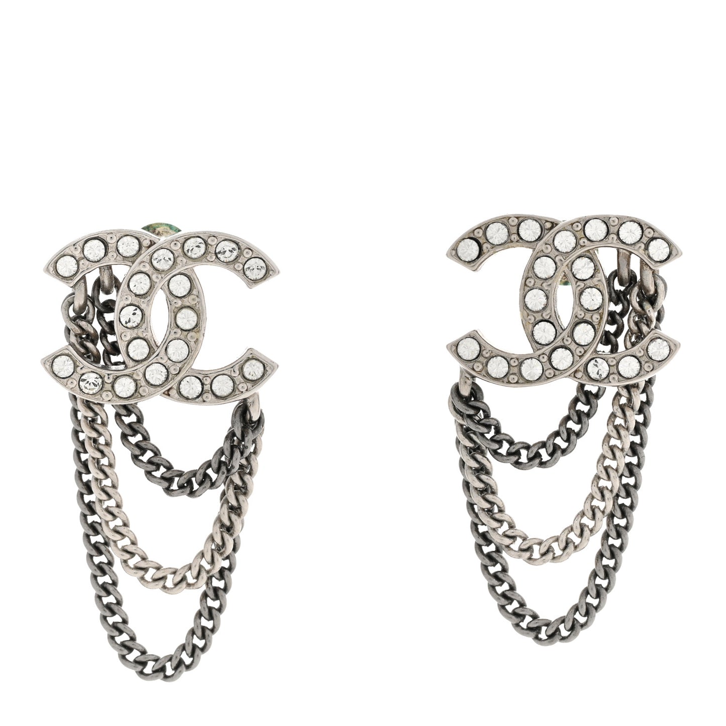 Crystal Chain CC Earrings Silver
