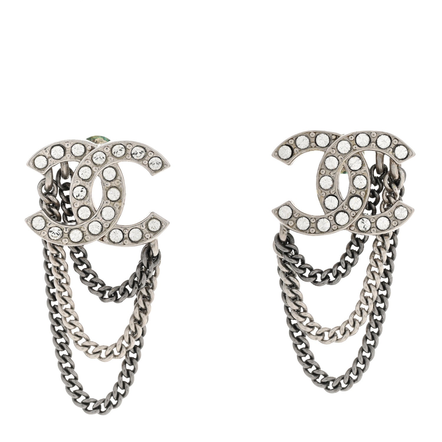 Chanel Crystal Chain CC Earrings Silver 1 of 5