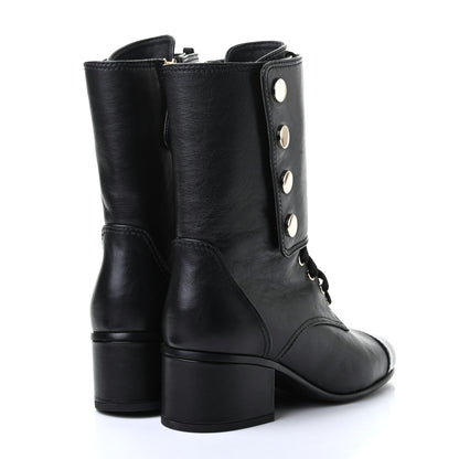 Chanel Calfskin Patent Cap Toe CC Lace Up Boots 36 Black 4 of 10