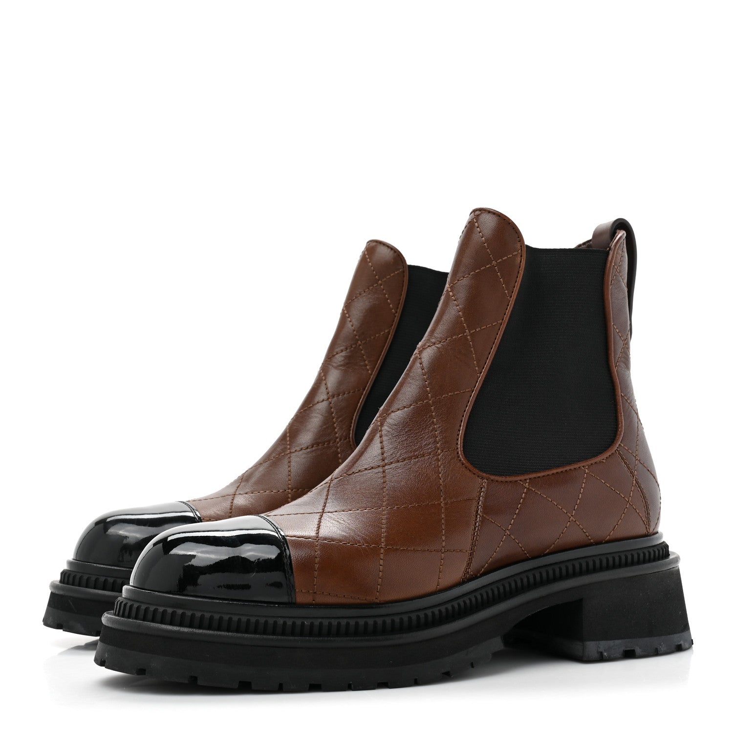 Chanel Calfskin Patent Cap Toe Quilted Short Boots 38.5 Brown Black 3 of 17