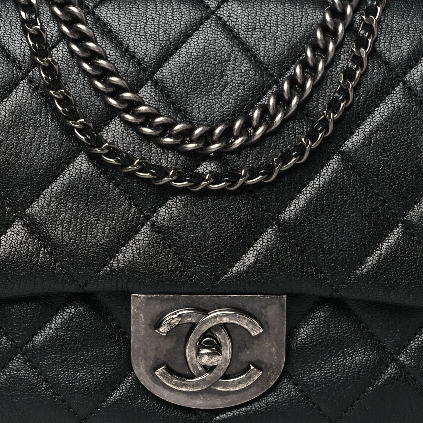 Shiny Goatskin Quilted Small Double Carry Waist Chain Flap Black