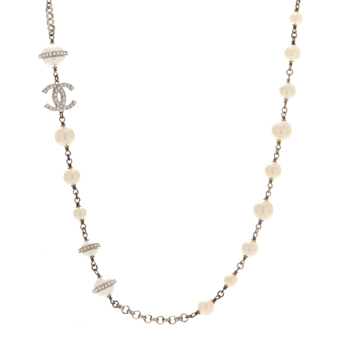 Crystal Pearl Beaded CC Long Necklace Grey