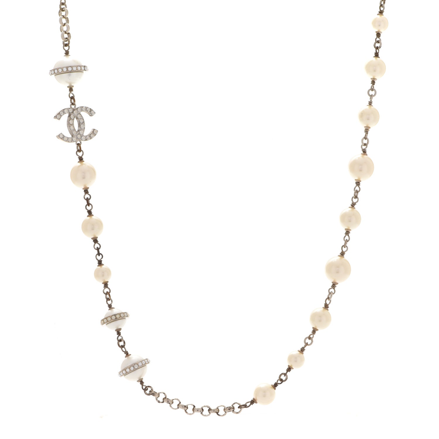 Chanel Crystal Pearl Beaded CC Long Necklace Grey 1 of 6