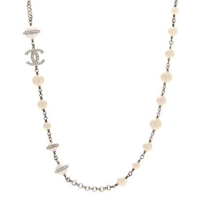 Chanel Crystal Pearl Beaded CC Long Necklace Grey 1 of 6