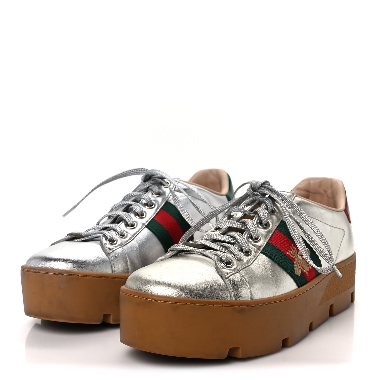 Metallic Nappa Web Bee Embroidered Womens Ace Platform Sneakers 36 Argento Red Flame