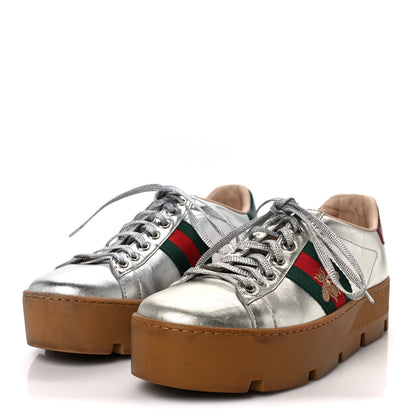 Gucci Metallic Nappa Web Bee Embroidered Womens Ace Platform Sneakers 36 Argento Red Flame 4 of 10