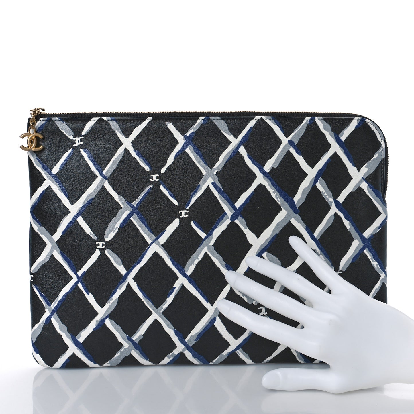 Lambskin Painted Quilt Pouch Black Blue Grey