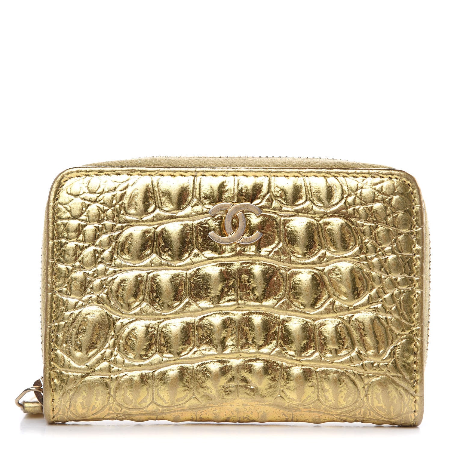 Chanel Metallic Calfskin Crocodile Embossed Cocodile Zip Coin Case Gold 1 of 8
