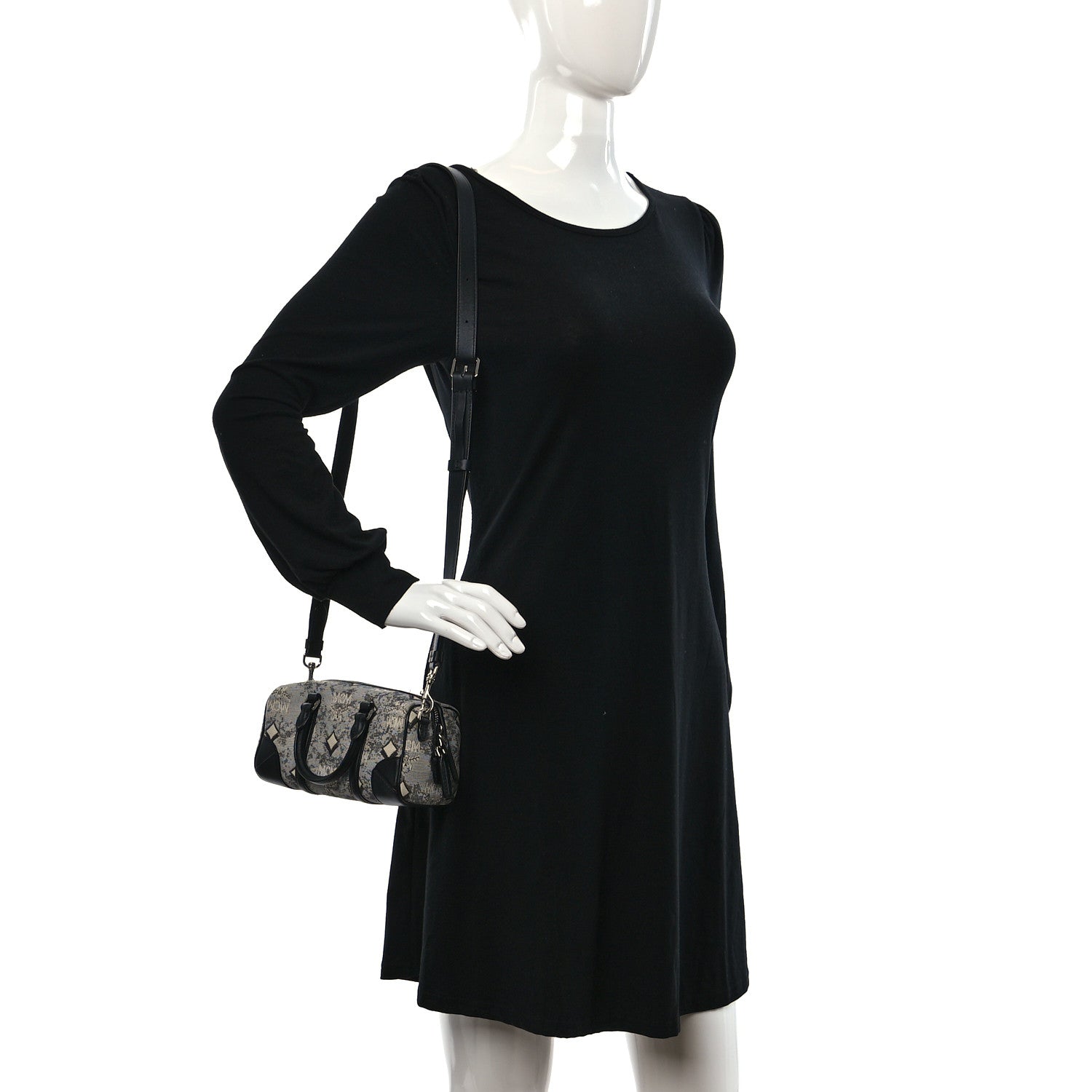 MCM Vintage Jacquard Monogram Mini Boston Bag Black Grey 2 of 8