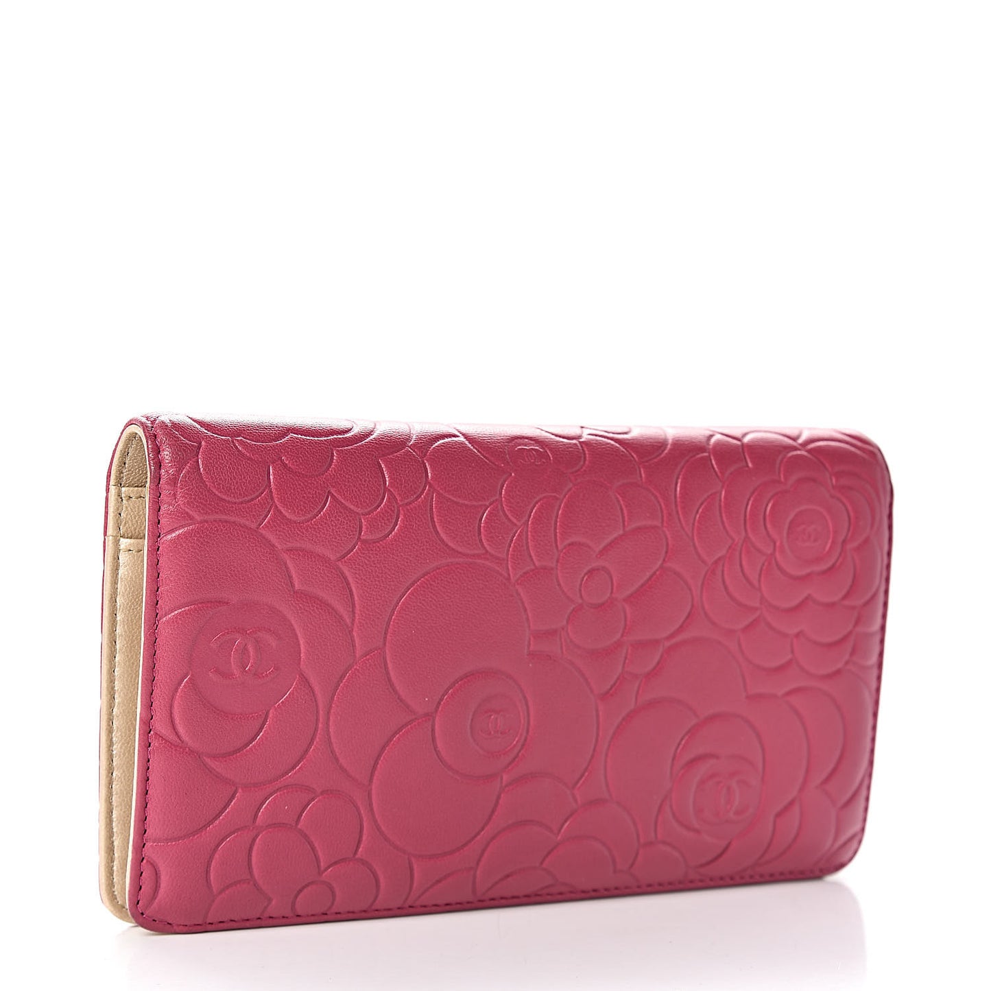 Lambskin Camellia Embossed Yen Wallet Fuchsia