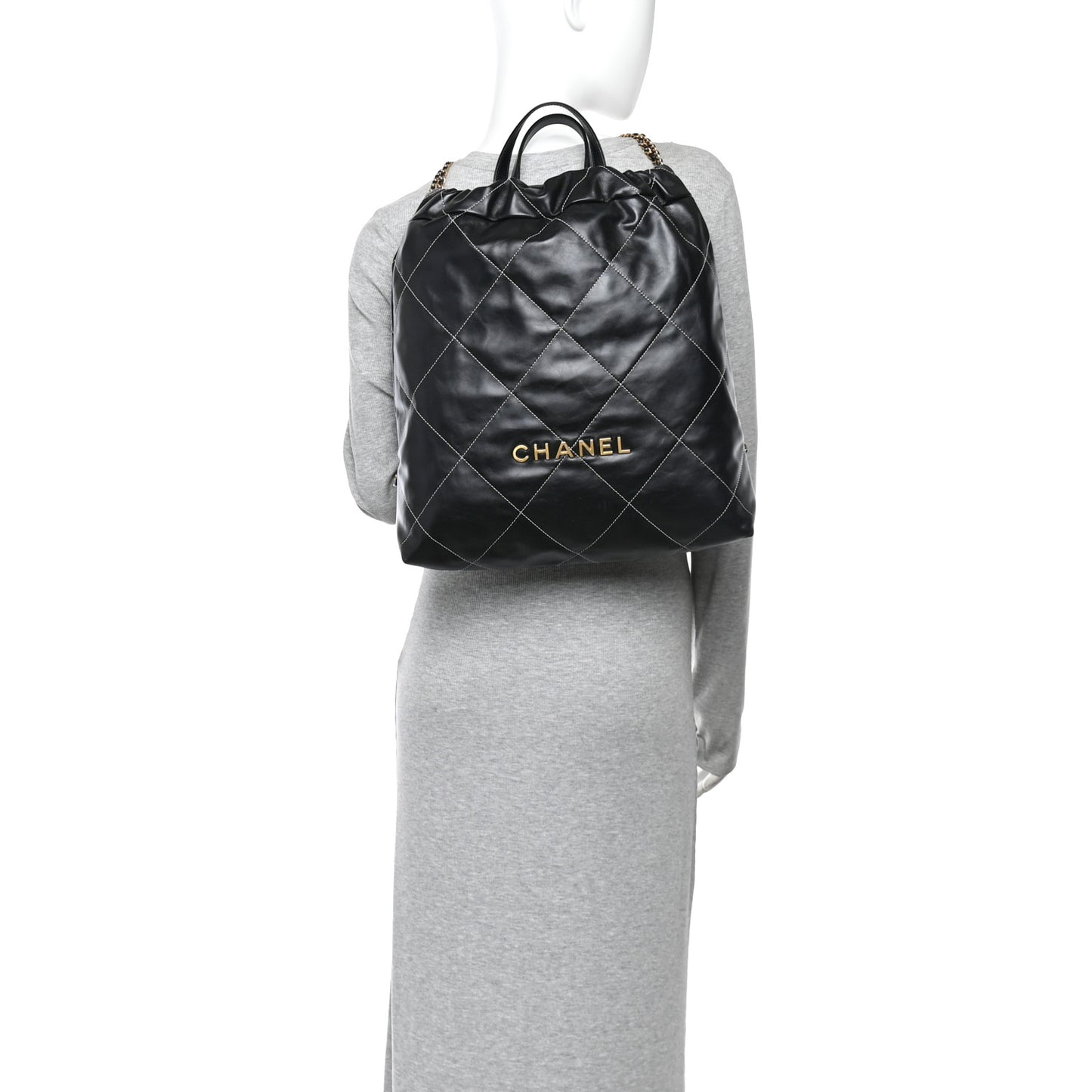 Shiny Calfskin Stitched Quilted Chanel 22 Backpack Black