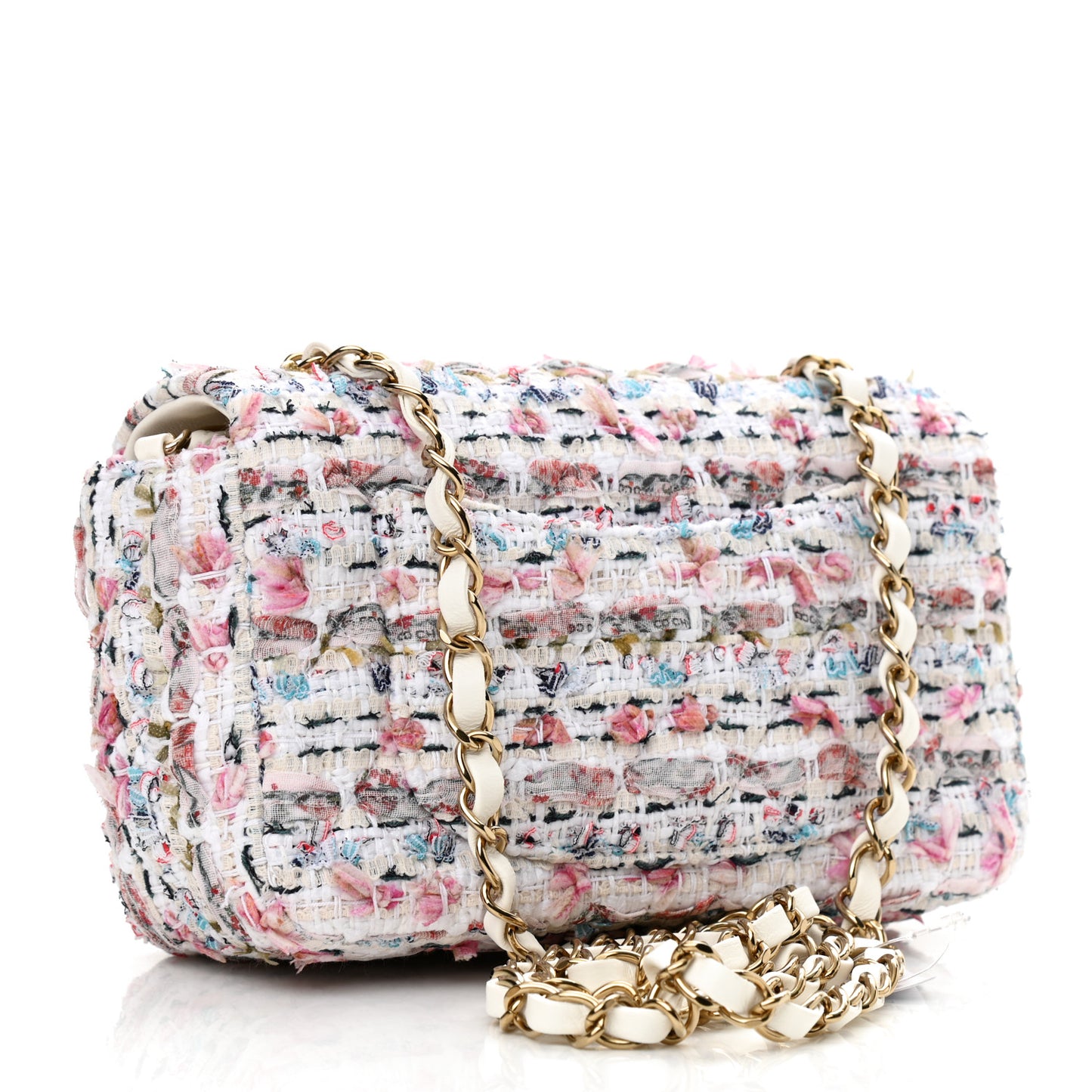 Tweed Quilted Mini Rectangular Flap White Pink Multicolor