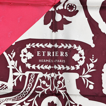 Hermes Silk Quadrige Etriers Tattoo Scarf 90 Rose Vif Bordeaux White 3 of 4