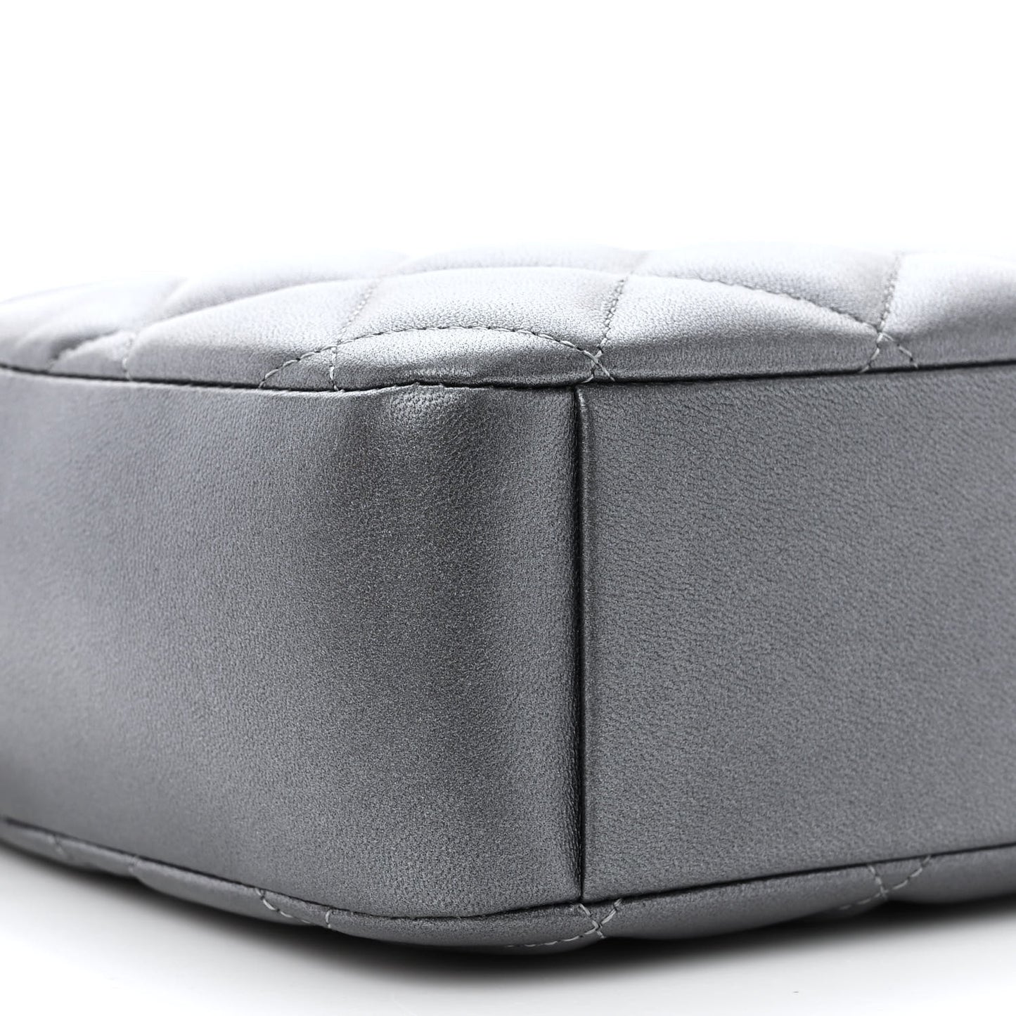 Metallic Lambskin Quilted Small Diamond CC Camera Case Dark Silver