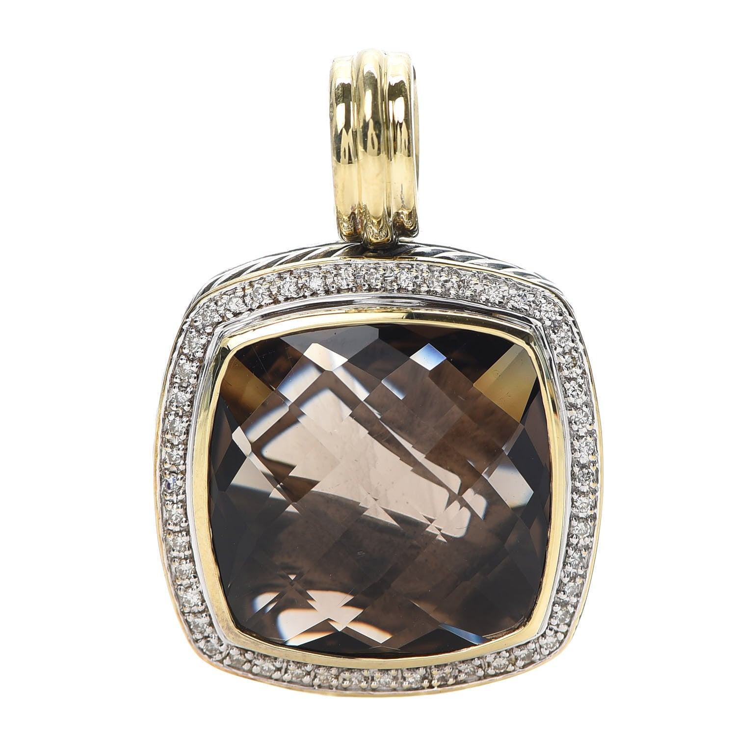 David Yurman Sterling Silver 18K Yellow Gold Diamond Smoky Quartz 20mm Albion Enhancer Pendant 1 of 3