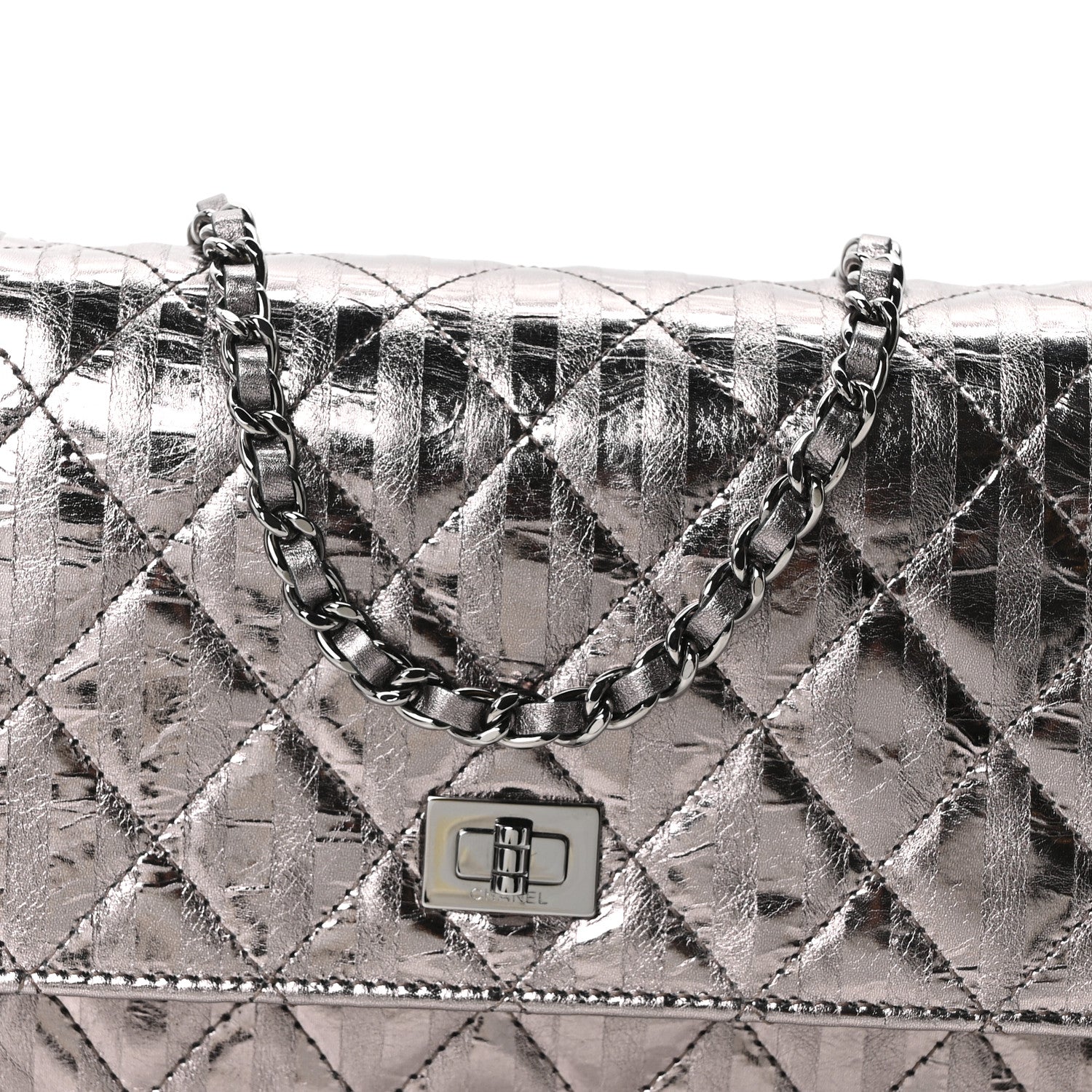Chanel Metallic Striped Calfskin Reissue Wallet On Chain WOC Silver 9 of 11
