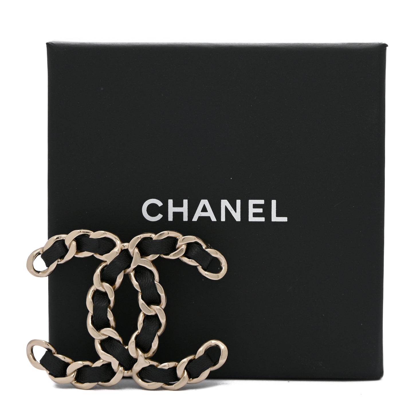 Lambskin Chain CC Brooch Black Gold