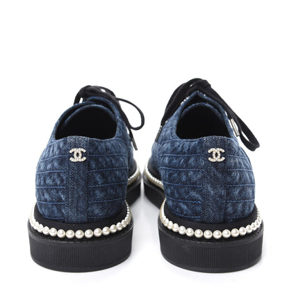 Chanel Denim Grosgrain Camellia Pearl Lace Up Sneakers 38.5 Blue Black 7 of 11