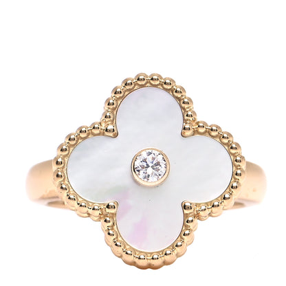 Van Cleef & Arpels 18K Yellow Gold Diamond Mother of Pearl Vintage Alhambra Ring 48 4.5 1 of 4