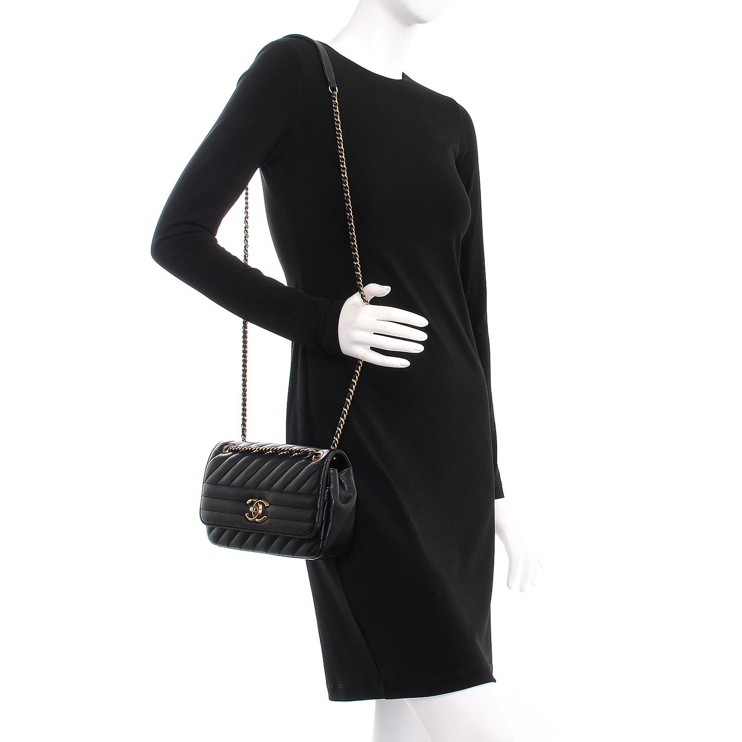 Shiny Goatskin Diagonal Quilted Small Flap Black
