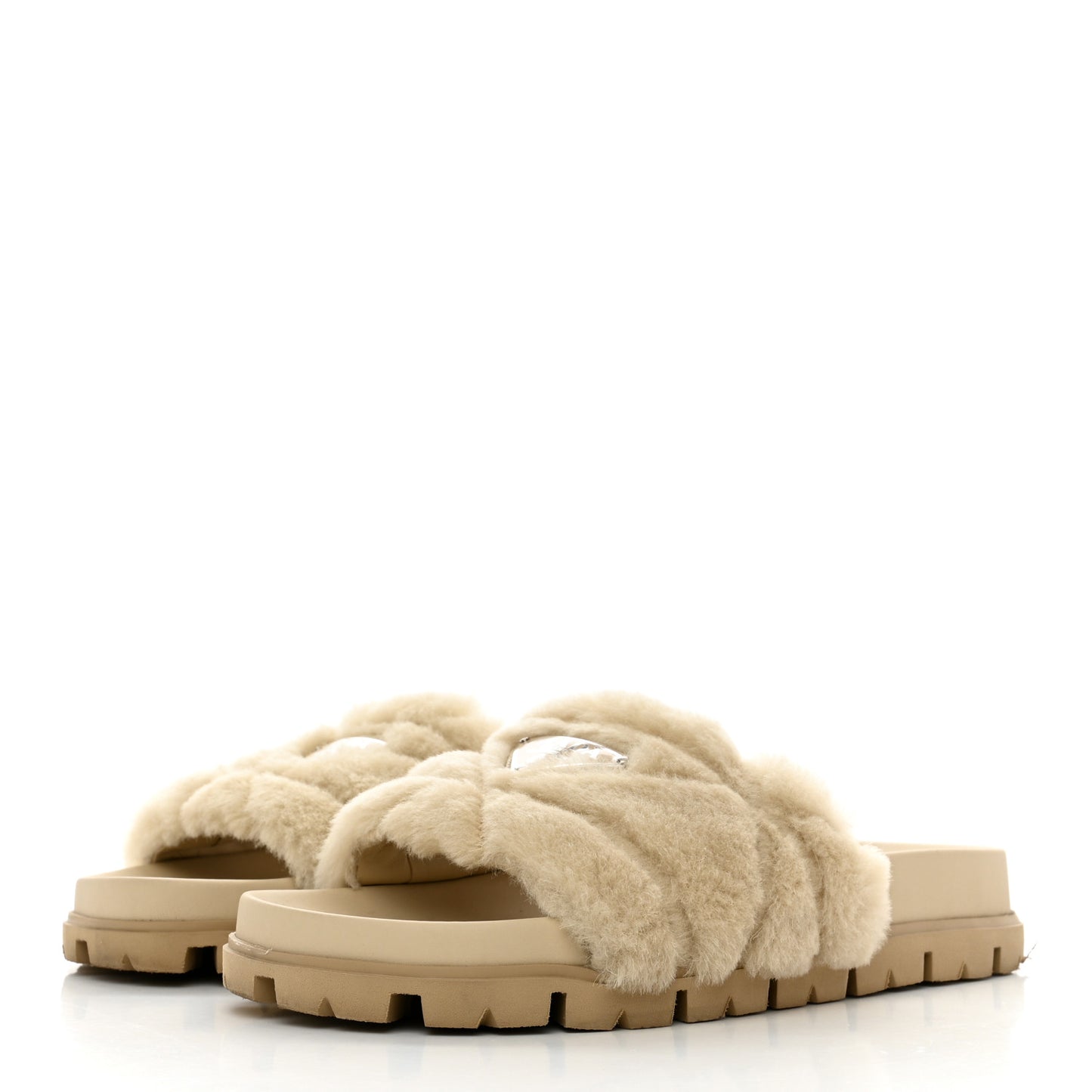 Shearling Metal Triangle Logo Lug Sole 20mm Slide Sandals 36 Ecru