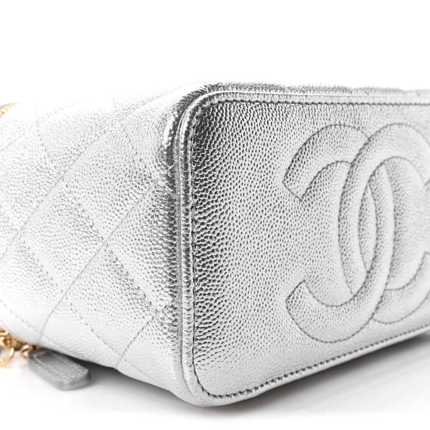 Metallic Caviar Quilted Top Handle Slim Vanity Case With Chain Silver