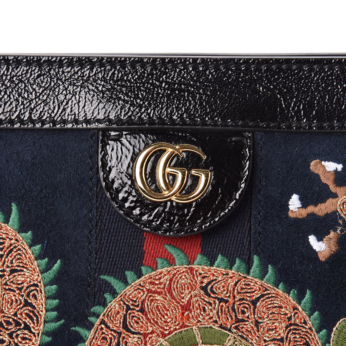 Suede Patent Web Dragon Embroidered Medium Ophidia Chain Shoulder Bag Blue Multicolor Black