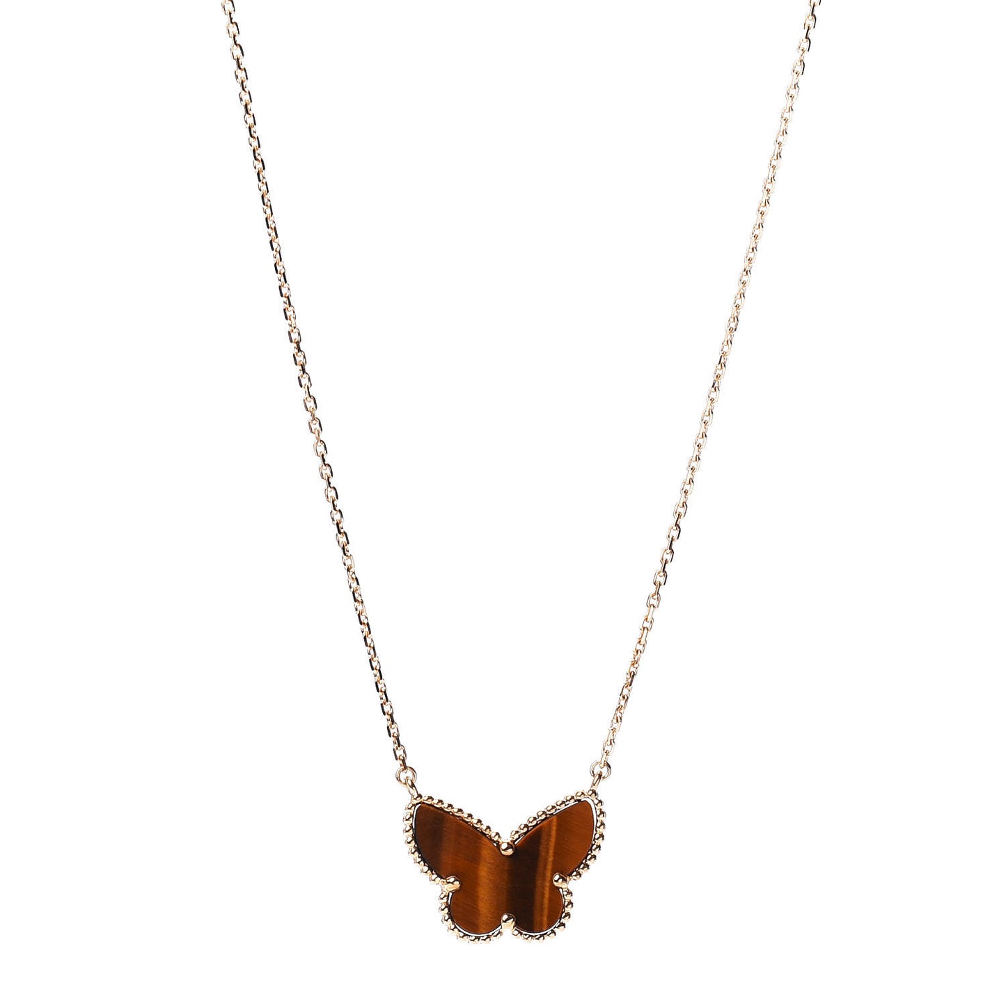 18K Yellow Gold Tiger Eye Lucky Alhambra Butterfly Pendant Necklace