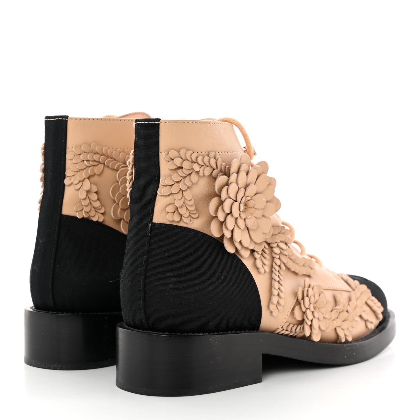 Embroidered Lambskin Grosgrain Lace Up Boots 38.5 Beige Black