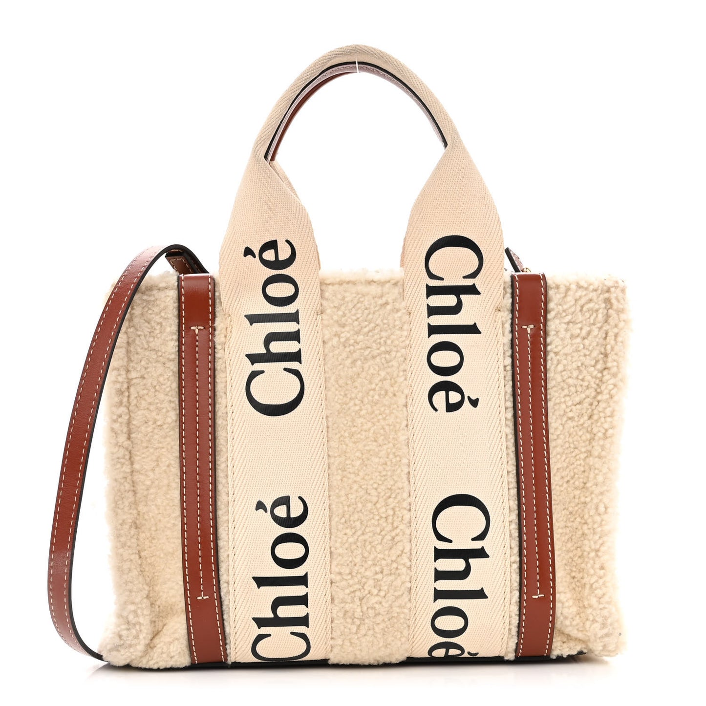 Shearling Calfskin Small Woody Ribbon Tote With Strap Mild Beige