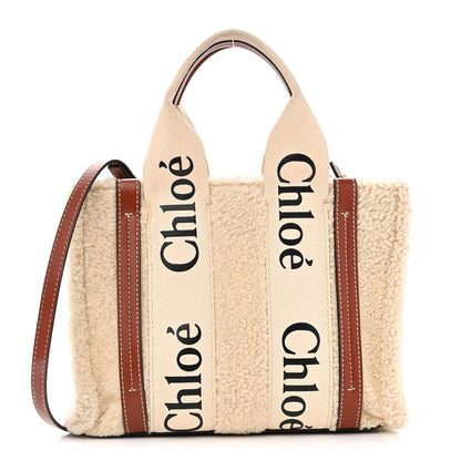 Chloe Shearling Calfskin Small Woody Ribbon Tote With Strap Mild Beige 1 of 15