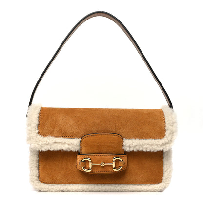 Gucci Suede Shearling Horsebit Mini 1955 Shoulder Bag Honey Beige Milk 1 of 12