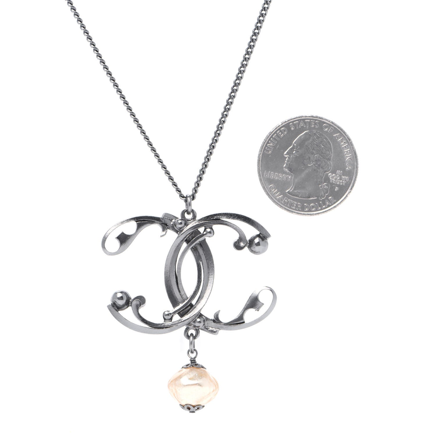 Chanel Pearl Beaded Enamel CC Long Necklace Black Silver 4 of 5