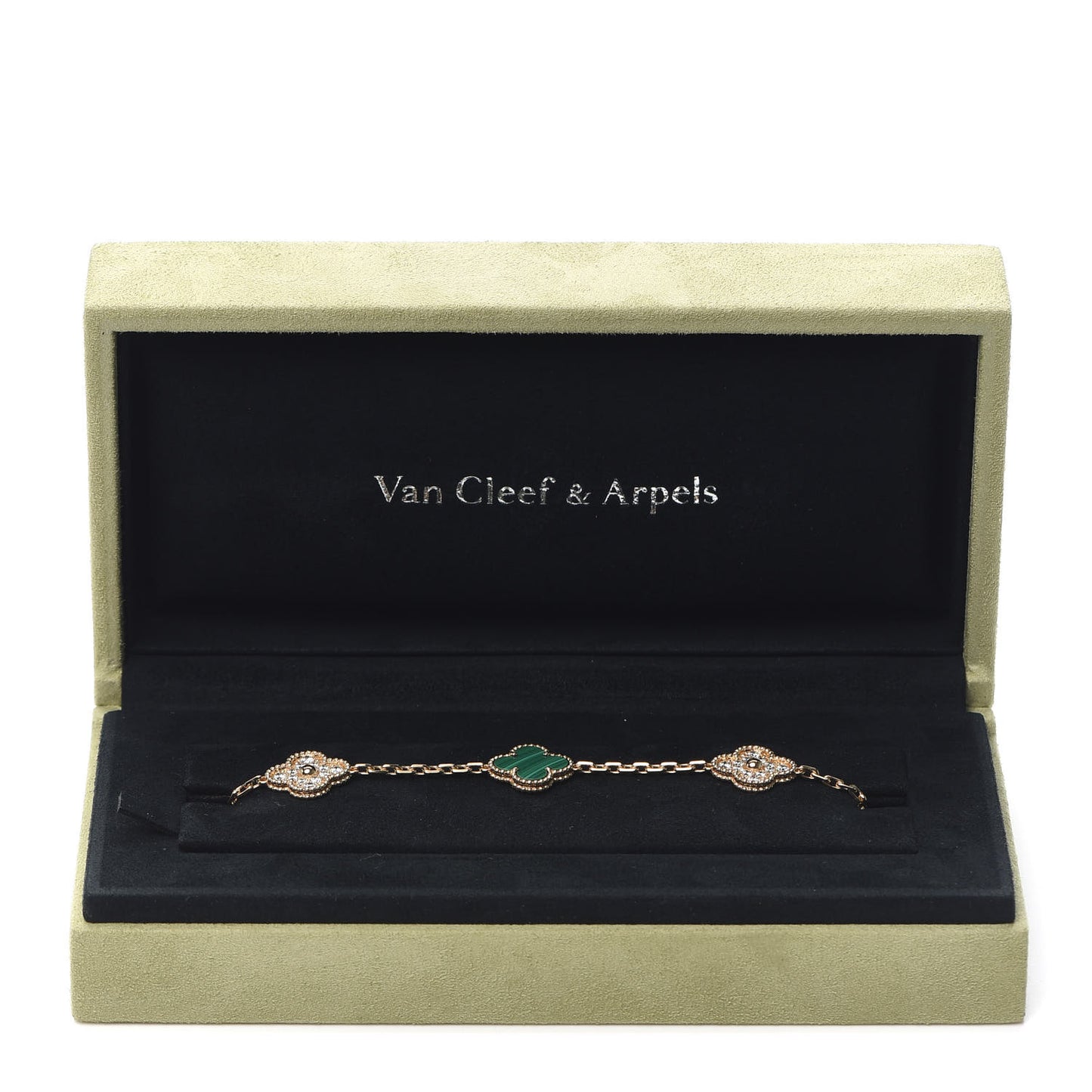 18K Yellow Gold Diamond Malachite 5 Motifs Vintage Alhambra Bracelet