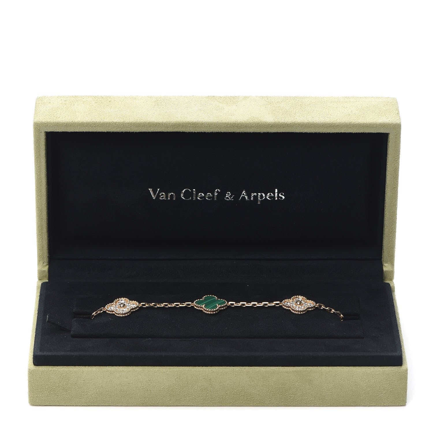 Van Cleef & Arpels 18K Yellow Gold Diamond Malachite 5 Motifs Vintage Alhambra Bracelet 8 of 9