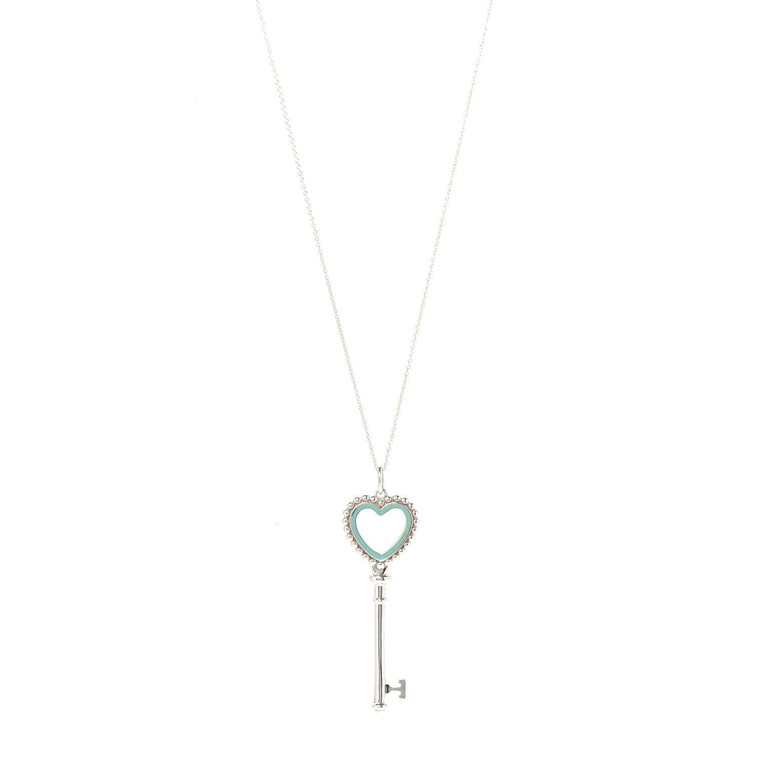 Tiffany Sterling Silver Enamel Beaded Heart Key Pendant Necklace Blue 1 of 7