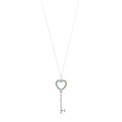 Tiffany Sterling Silver Enamel Beaded Heart Key Pendant Necklace Blue 1 of 7