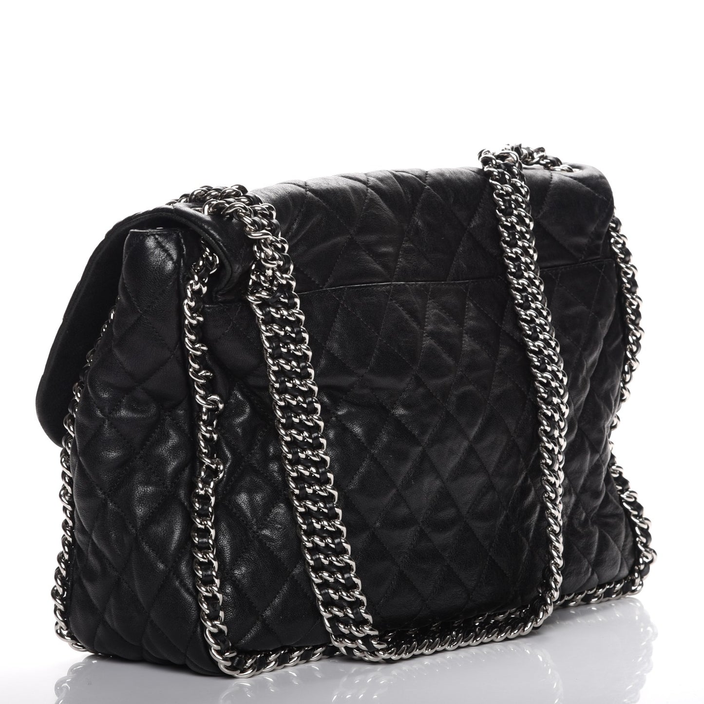 Washed Lambskin Quilted Maxi Chain Around Flap Black