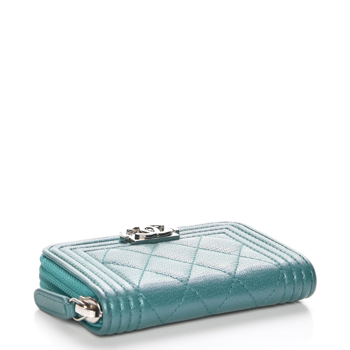 Metallic Goatskin Quilted Boy Zip Around Coin Purse Wallet Turquoise