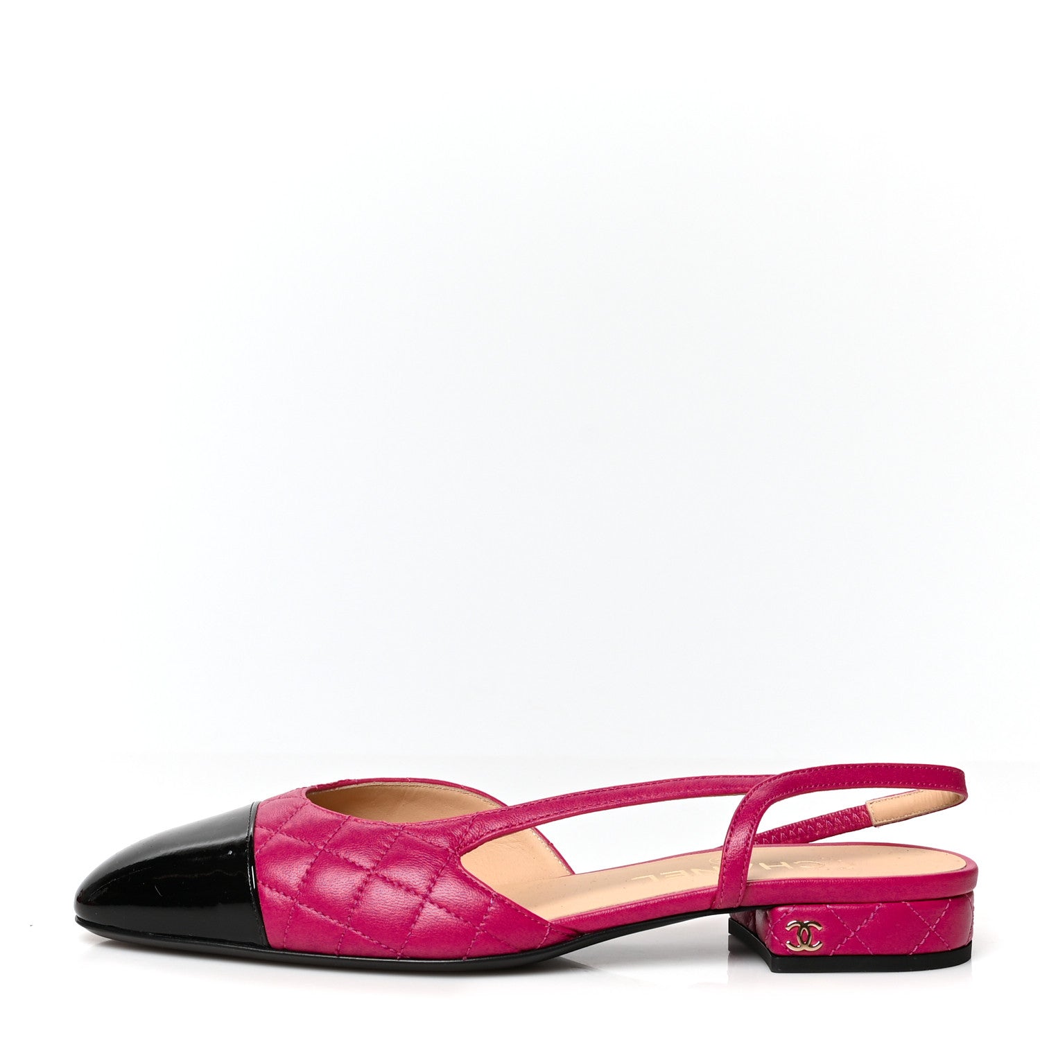 Chanel Lambskin Patent Cap Toe CC Slingback Flats 38 Pink Black 1 of 8