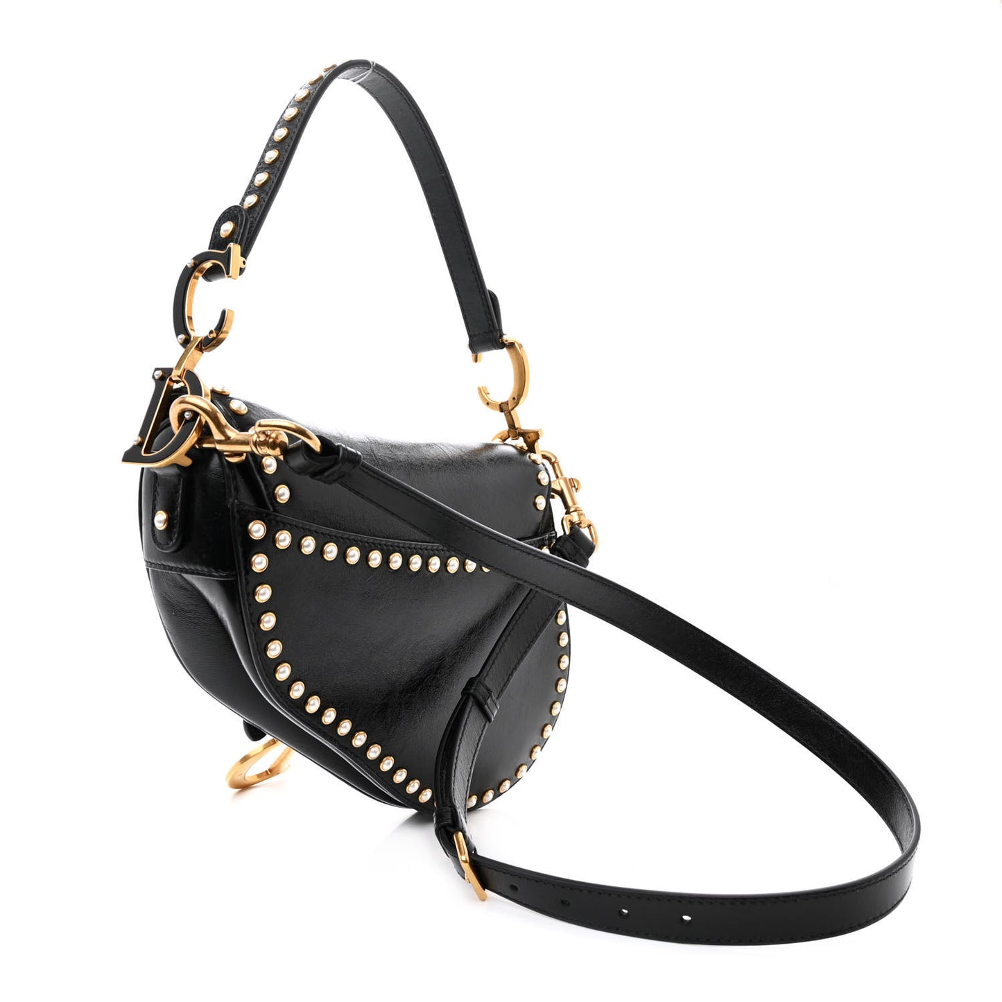 Crinkled Patent Lambskin Studded Saddle Bag With Strap Black