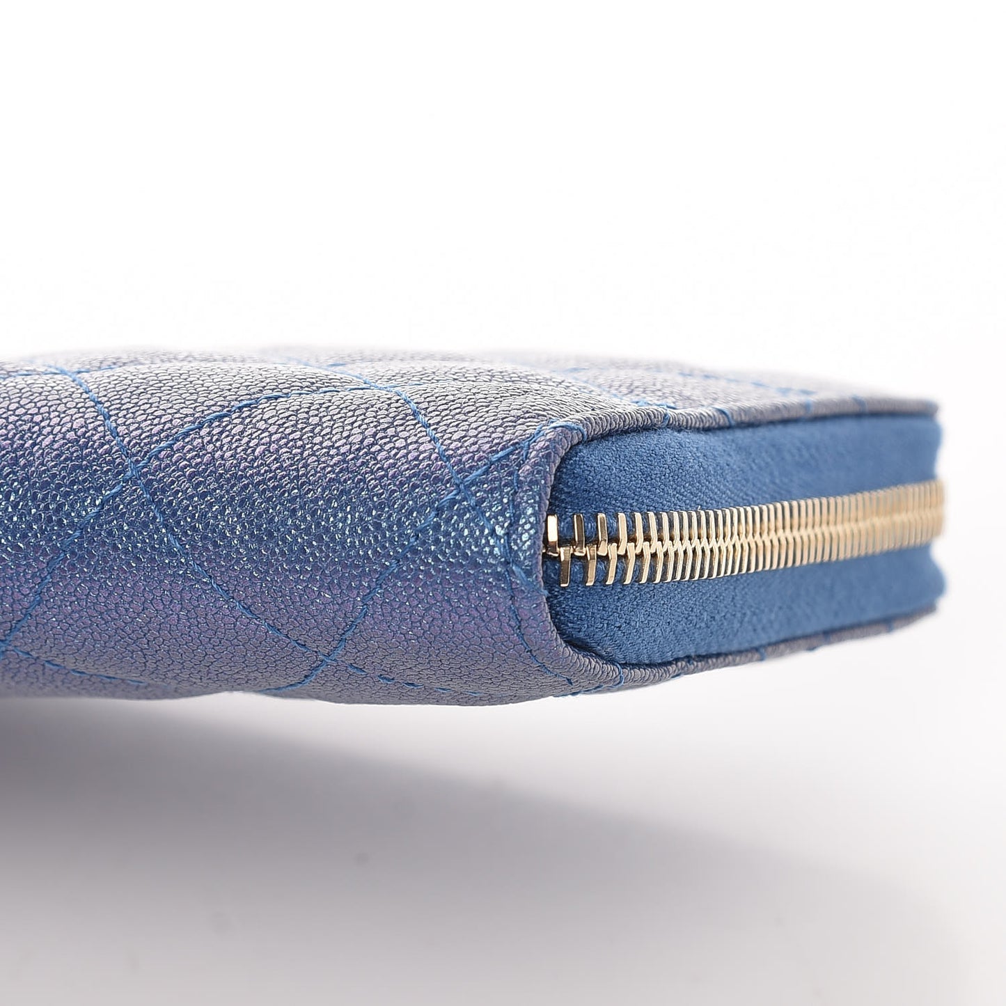 Iridescent Caviar Quilted Large Zip Around Organizer Wallet Blue