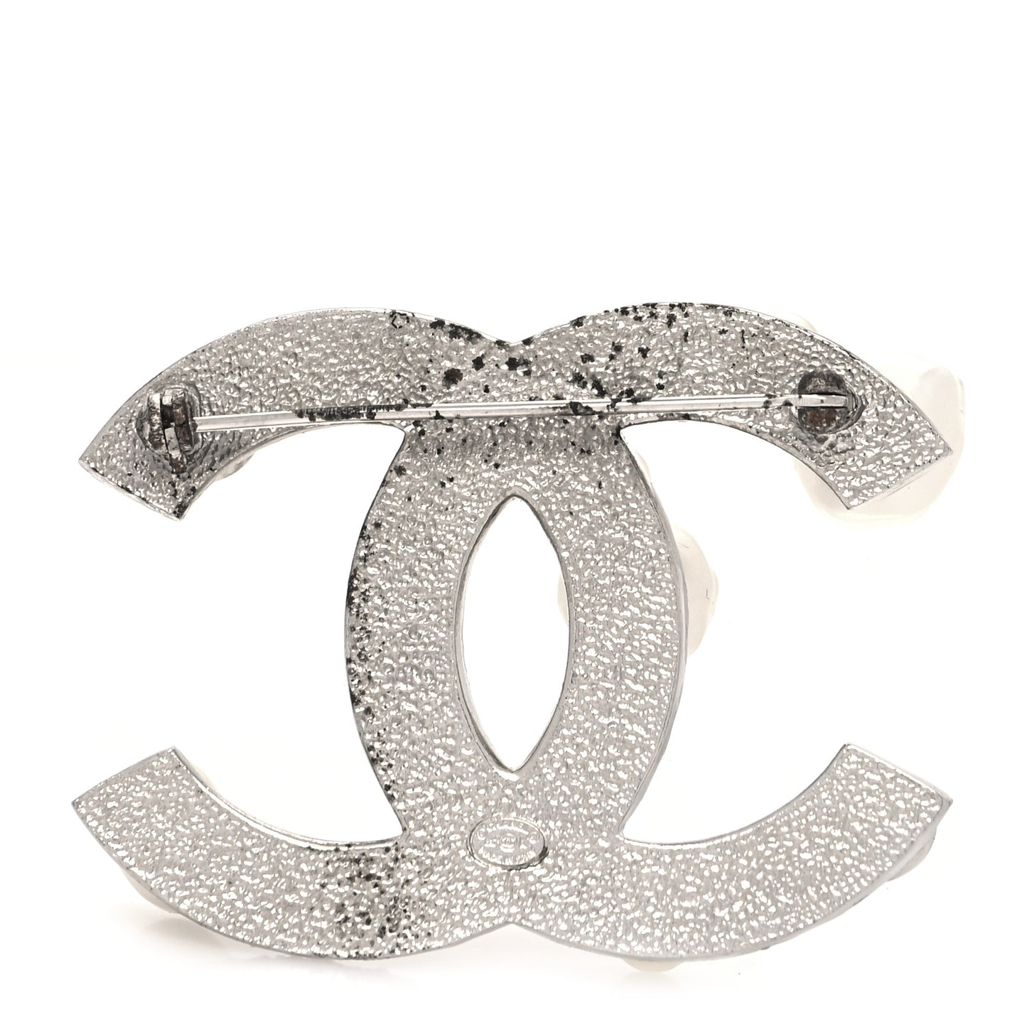 Pearl Crystal CC Mini Brooch Silver