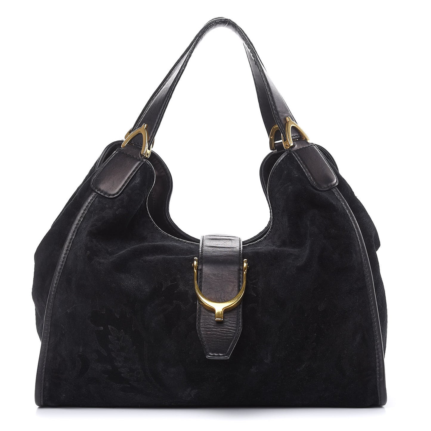 Nubuck Brocade Medium Soft Stirrup Shoulder Bag Black
