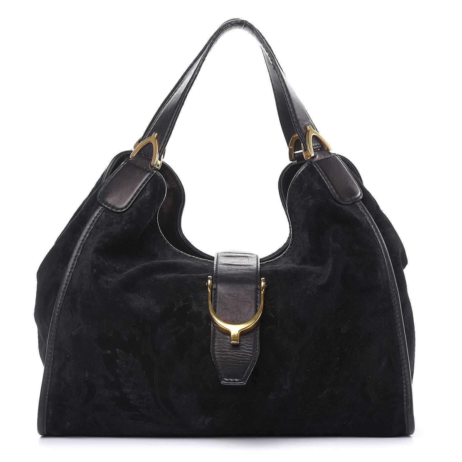 Gucci Nubuck Brocade Medium Soft Stirrup Shoulder Bag Black 1 of 18