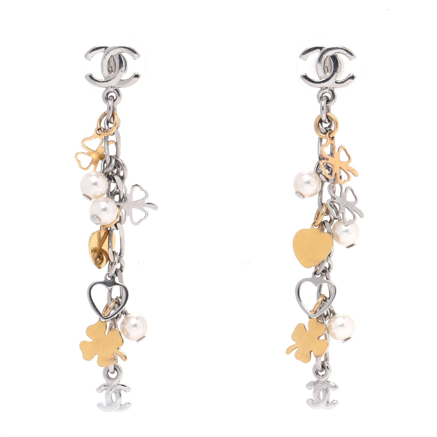 Chanel Pearl CC Charm Chain Drop Earrings Silver Gold 1 of 3